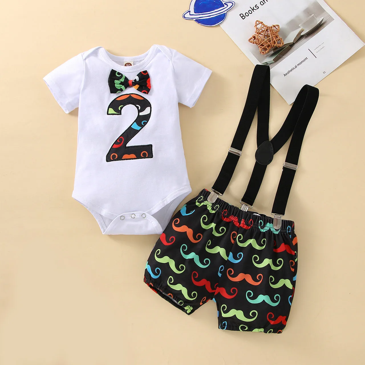 Babymoon 2nd Birthday Cake Smash Outfit |Romper & Suspender Costume | 2 Yr - Black