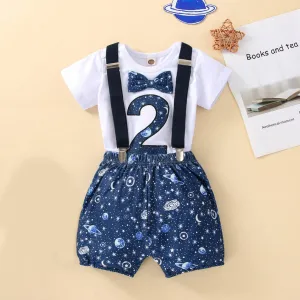 Babymoon 2nd Birthday Cake Smash Outfit |Romper & Suspender Costume | 2 Yr - Blue