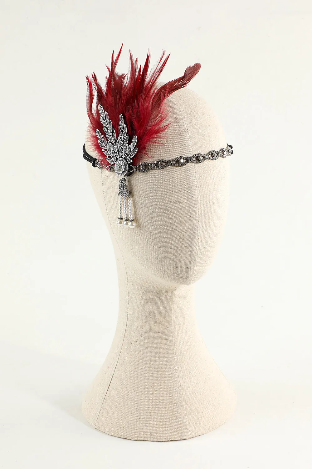 Black Beaded Feather Pearl 1920s Flapper Headband