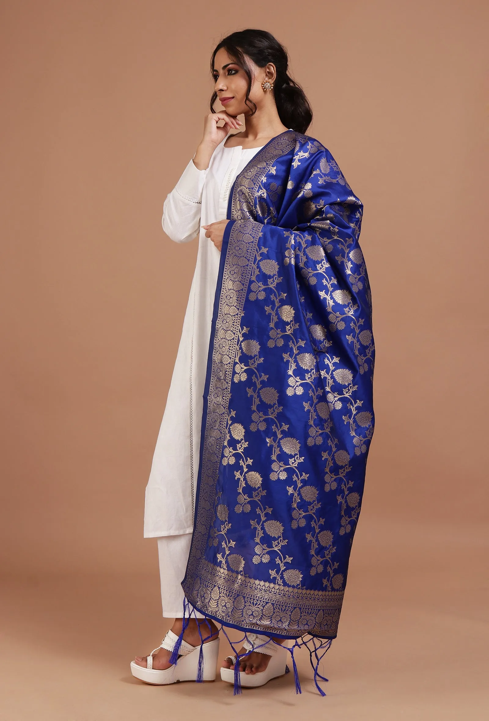 Blue Color Semi Silk Dupatta With Zari Weaving
