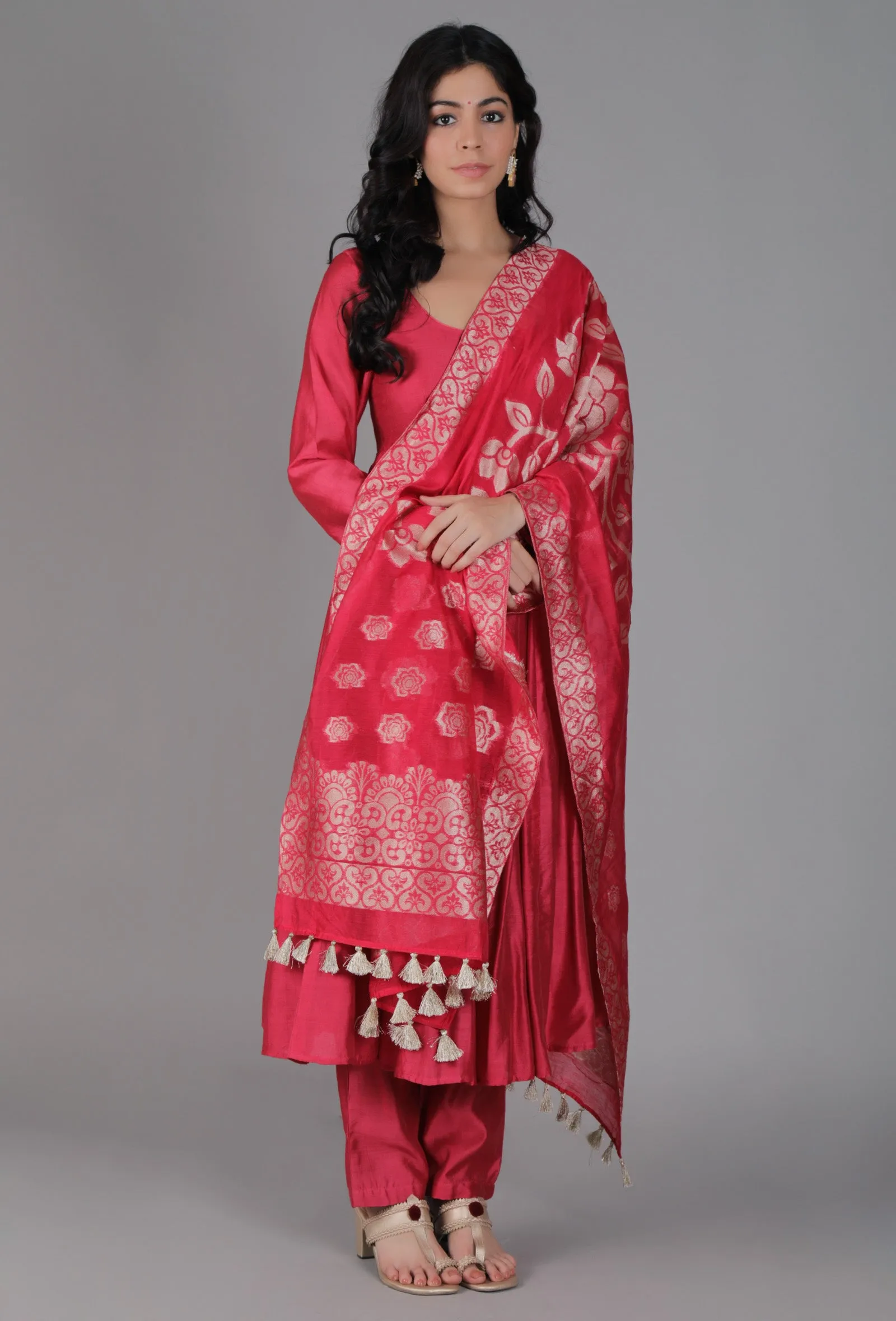 Brick Red Chanderi Brocade Dupatta