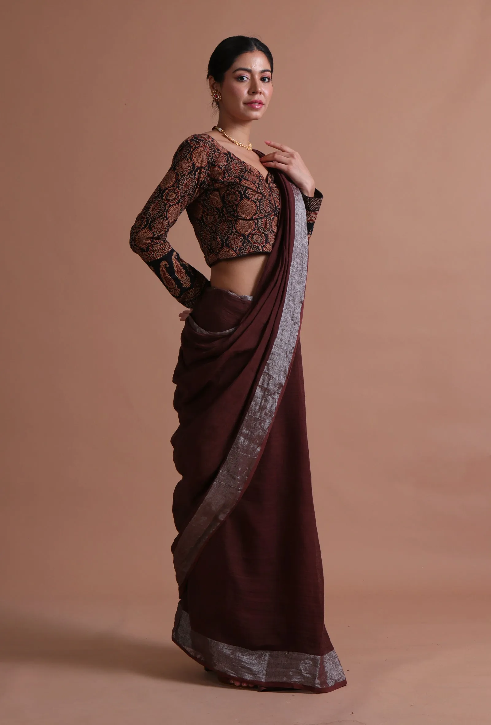 Brown Color Cotton Linen Saree With Unstitched Blouse