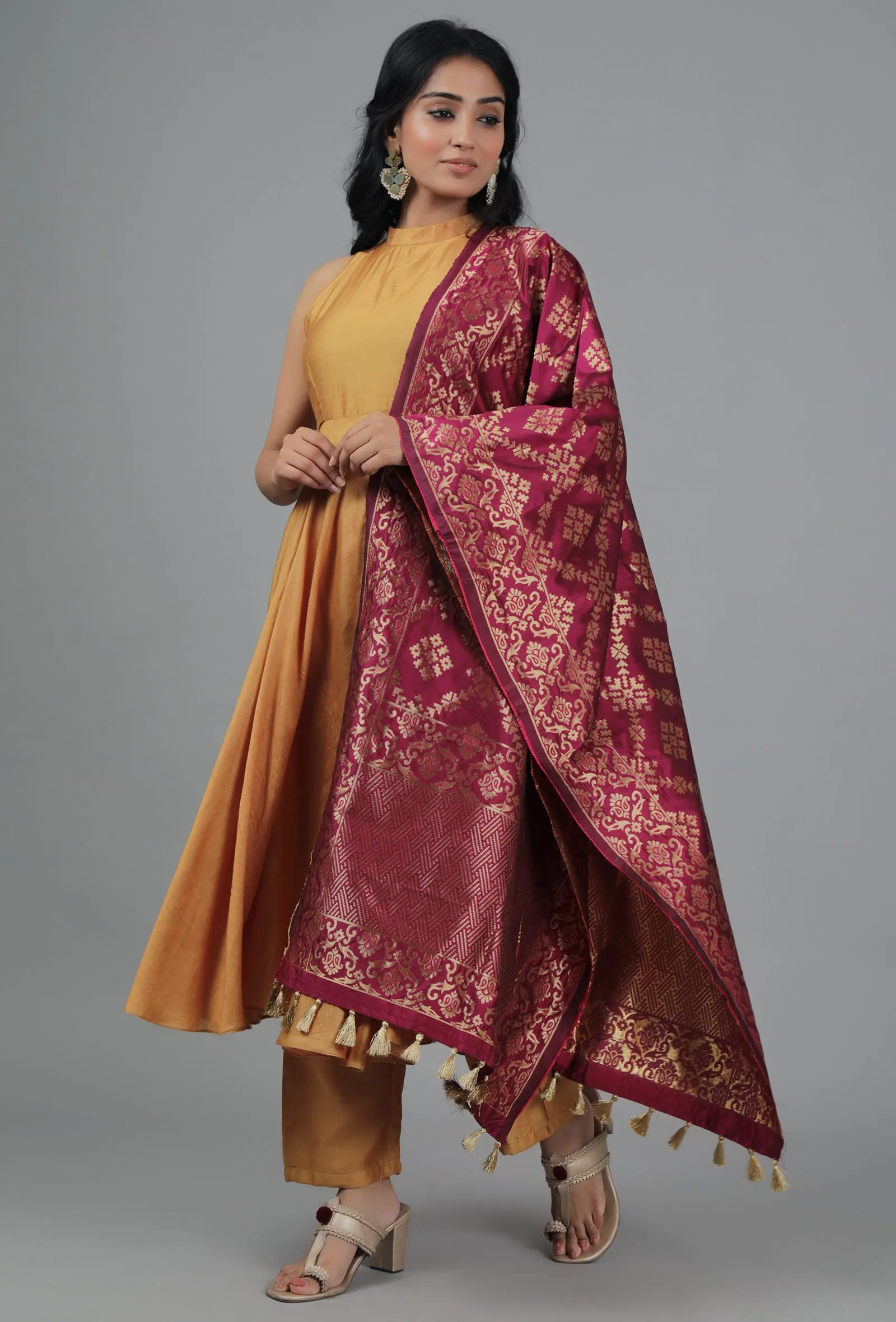 Cherry Red Chanderi Brocade Dupatta