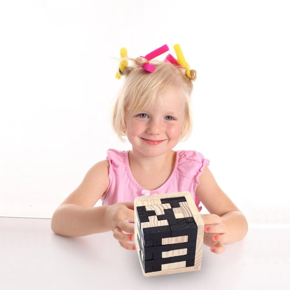 Creative 3D Wooden Cube Puzzle Ming Luban Interlocking Educational Toys For Children Kids Brain Teaser Early Learning Toy Gifts