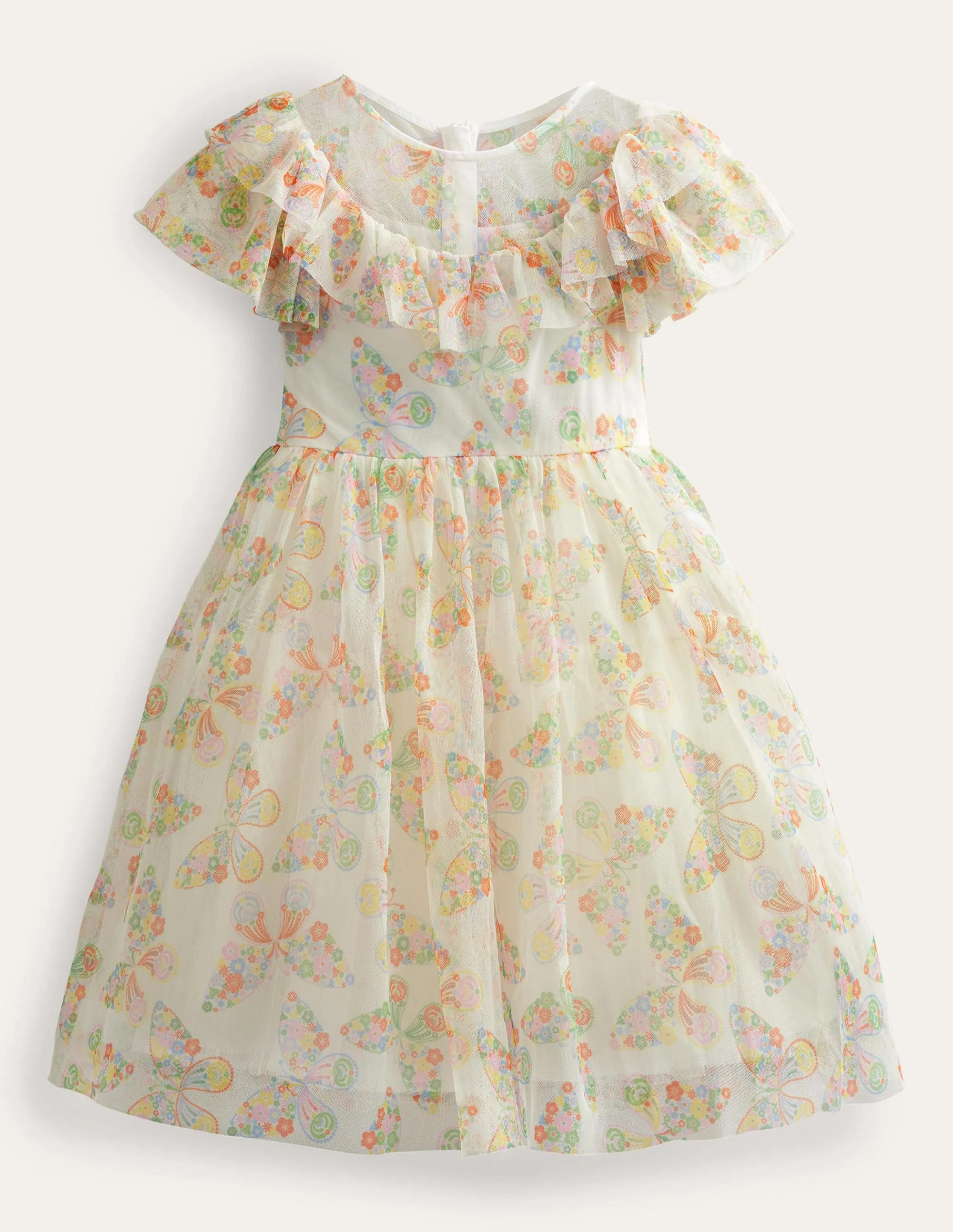 Frilly Tulle Dress-Ivory Multi Butterflies