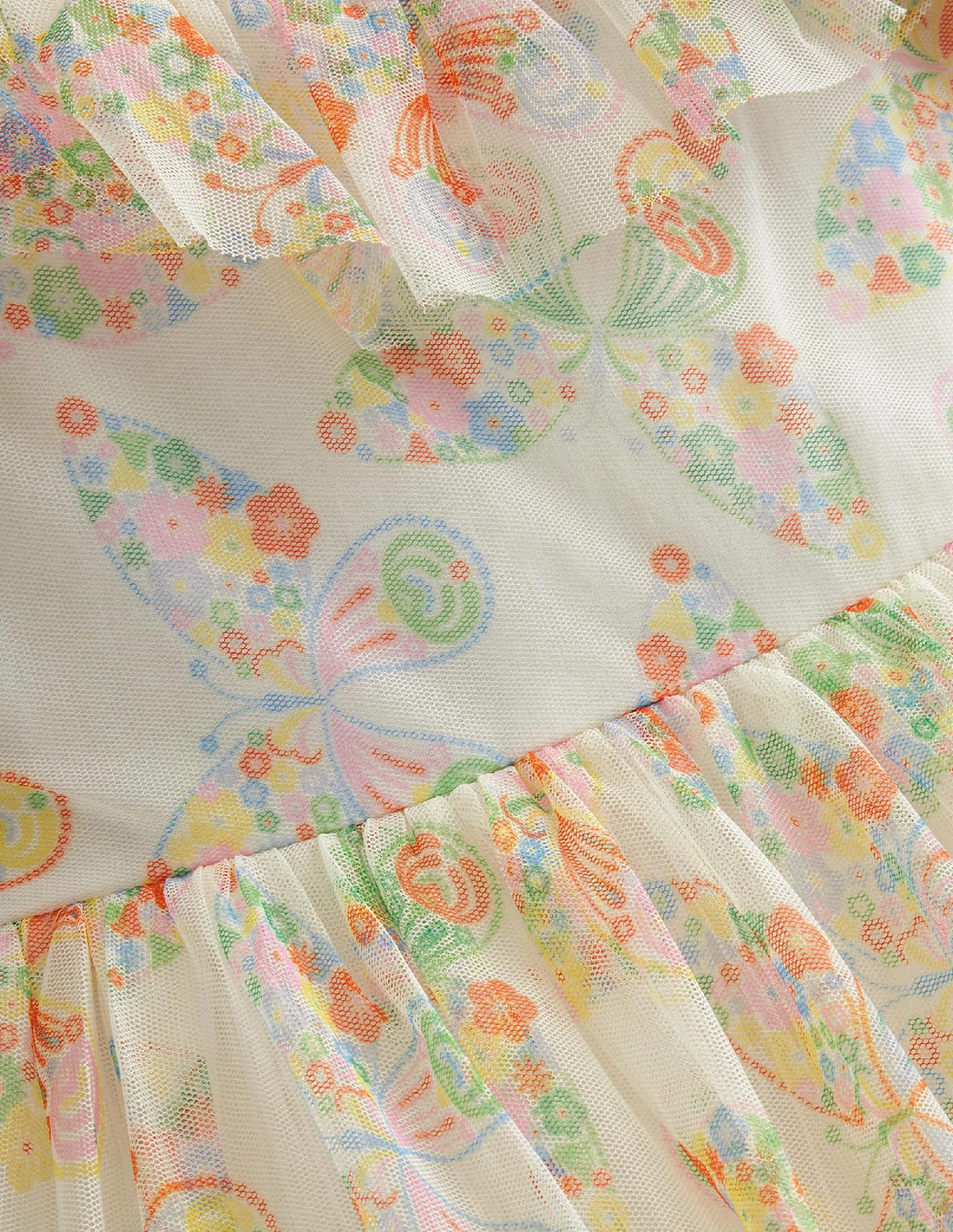 Frilly Tulle Dress-Ivory Multi Butterflies