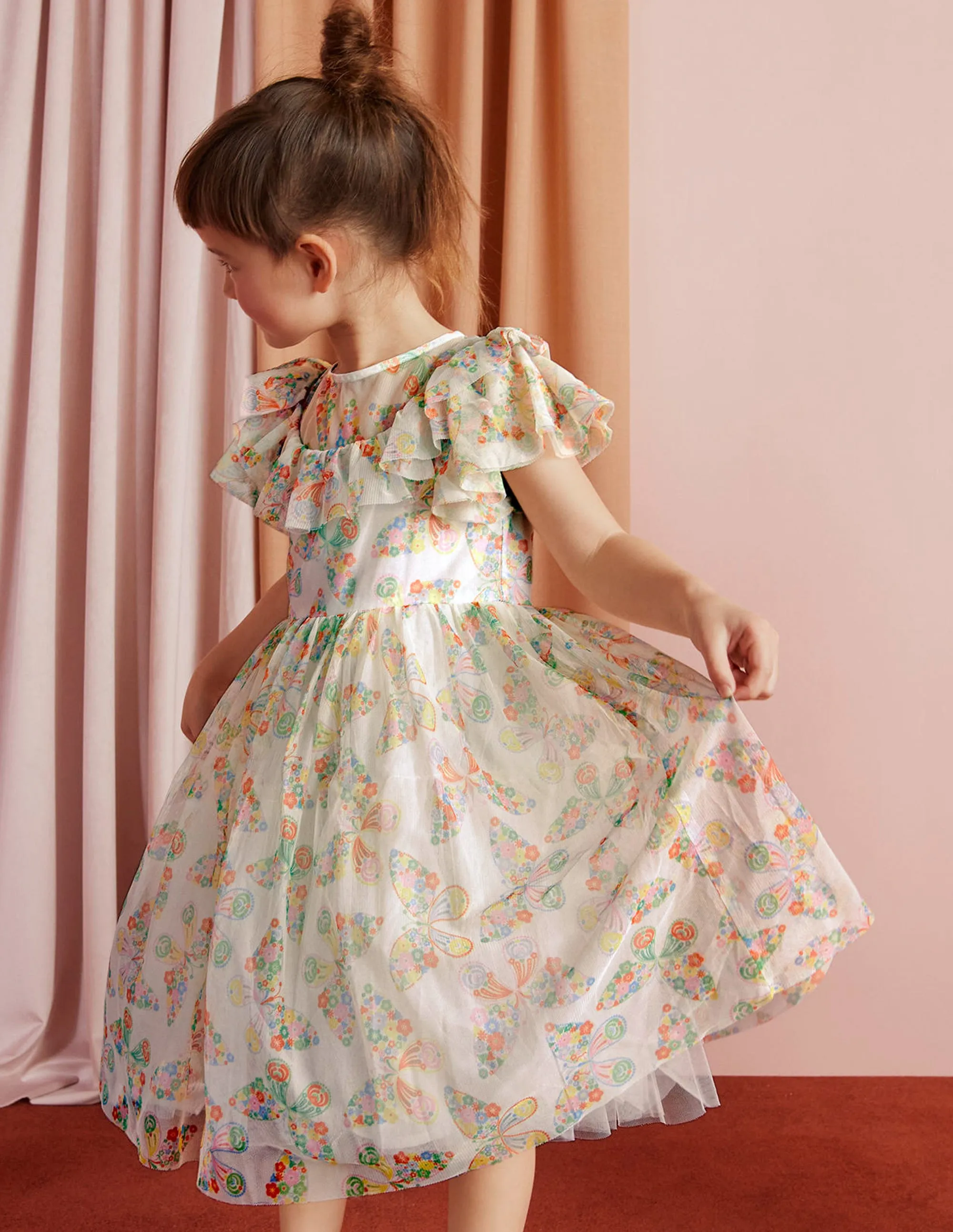 Frilly Tulle Dress-Ivory Multi Butterflies