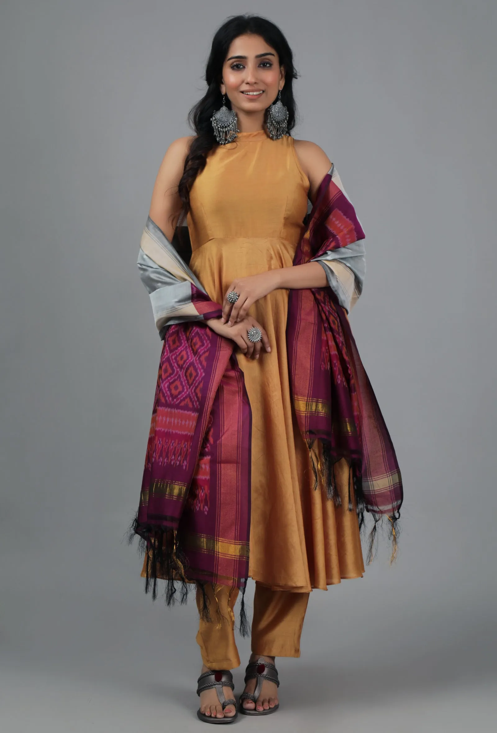 Grey & Maroon Ikat Dupatta