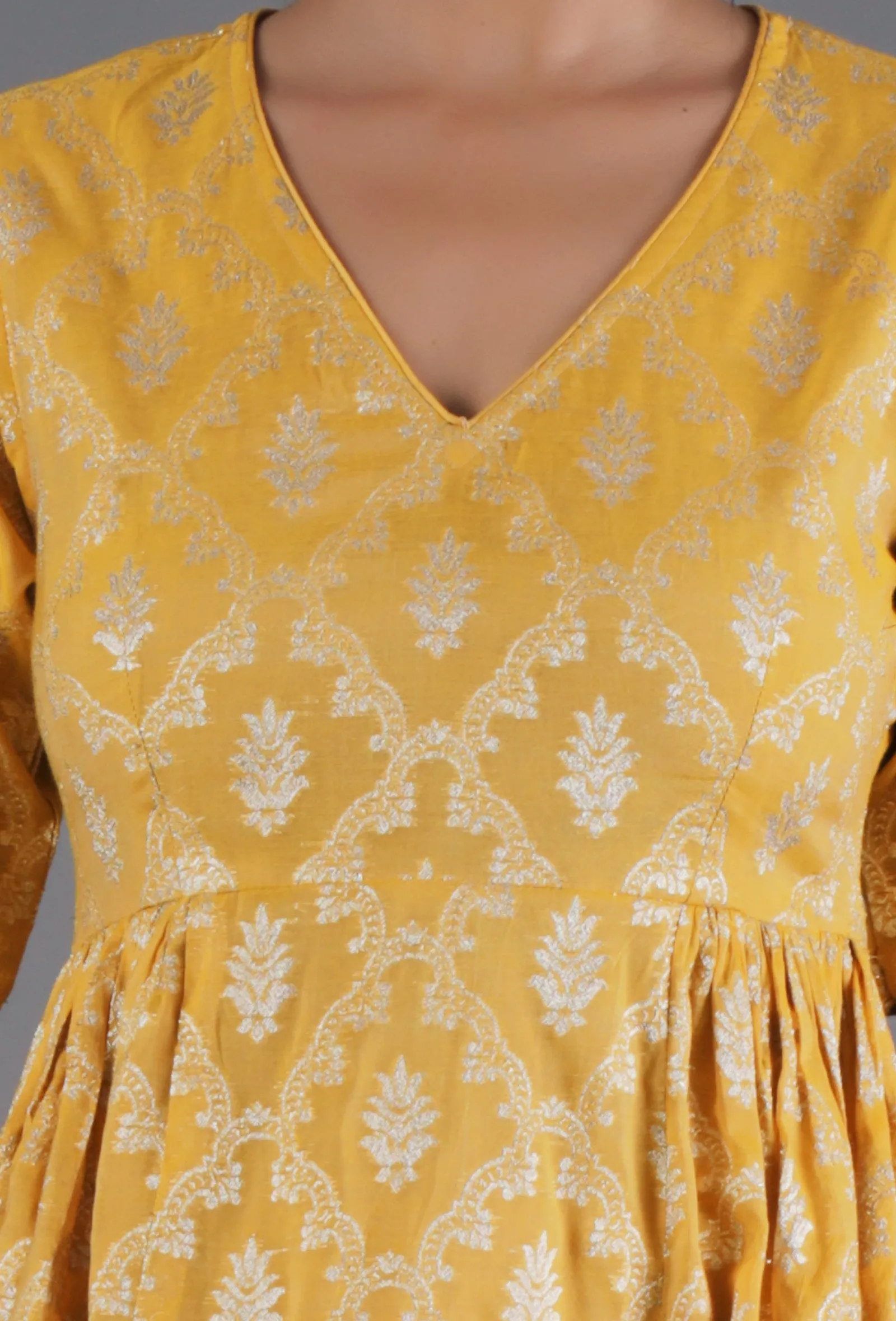 Honey Yelllow Chanderi Jacquard Flared Kurta
