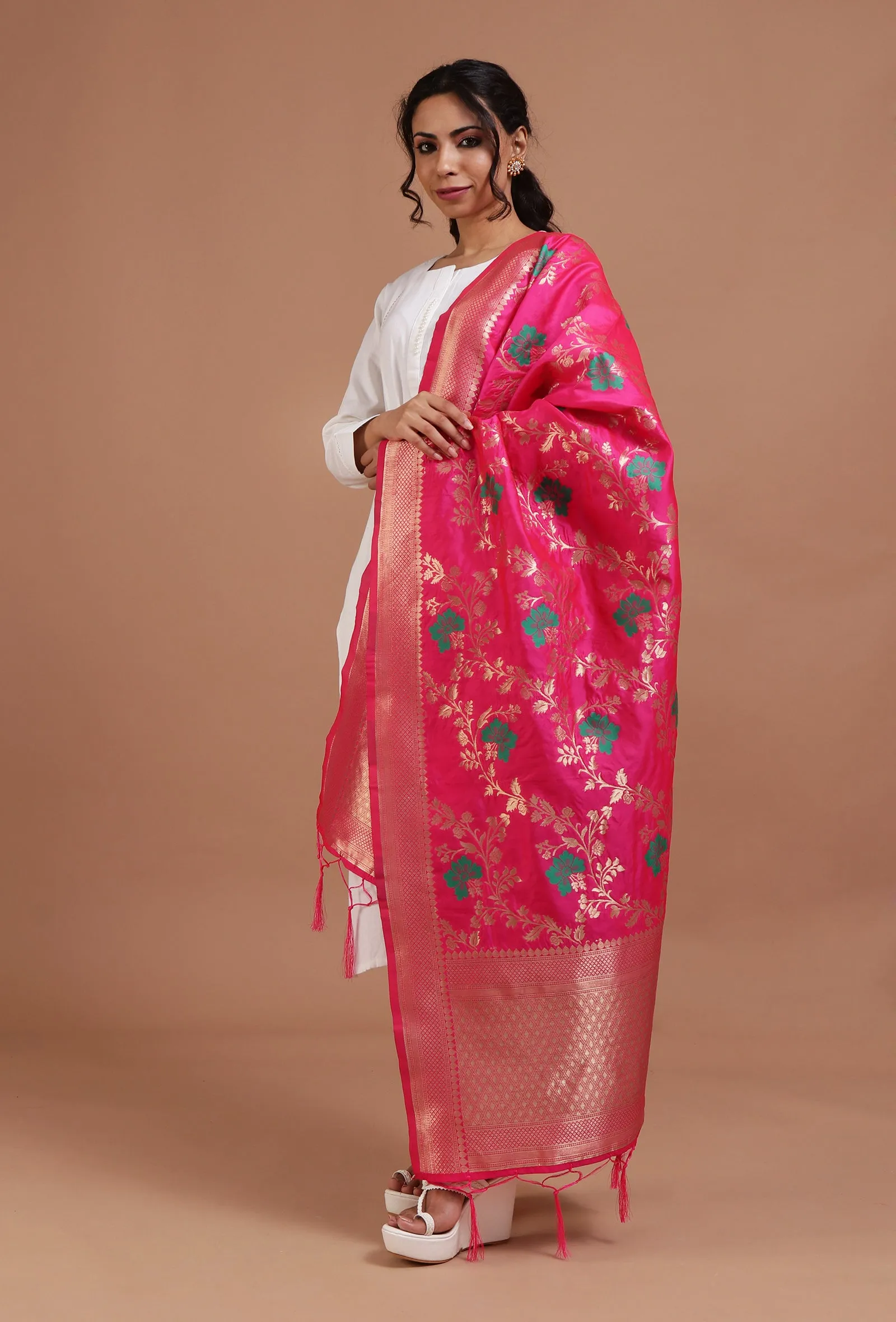 Pink Color Semi Silk Dupatta With Zari Weaving