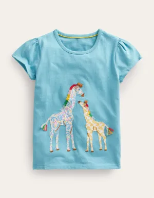 Puff Sleeve Appliqué T-shirt-Delphinium Blue Giraffe