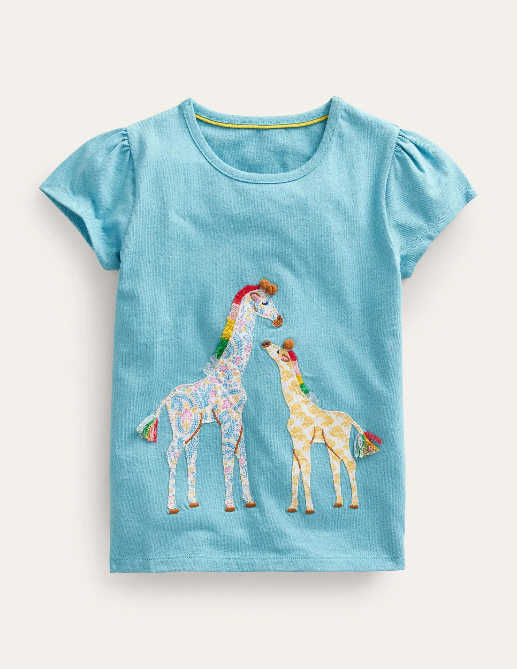 Puff Sleeve Appliqué T-shirt-Delphinium Blue Giraffe