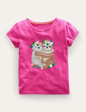 Puff Sleeve Appliqué T-shirt-Tickled Pink Sloths