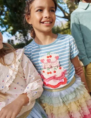 Puff Sleeve Appliqué T-shirt-Vintage Blue/Ivory Cake