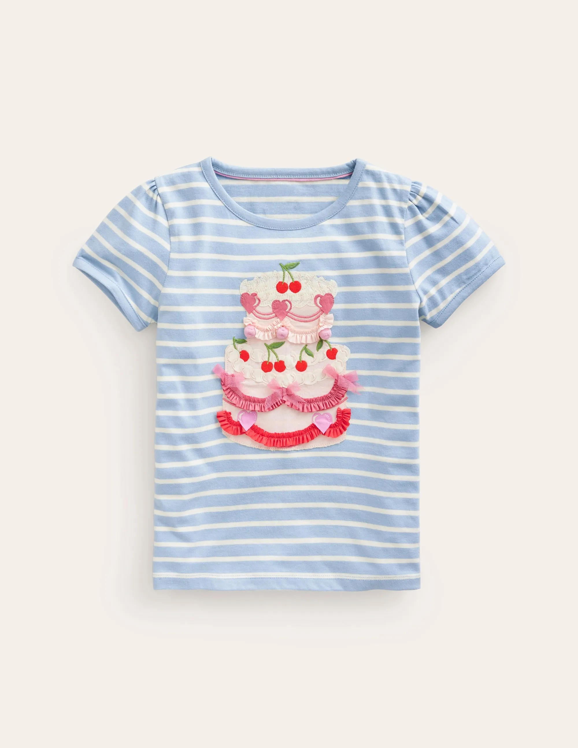 Puff Sleeve Appliqué T-shirt-Vintage Blue/Ivory Cake