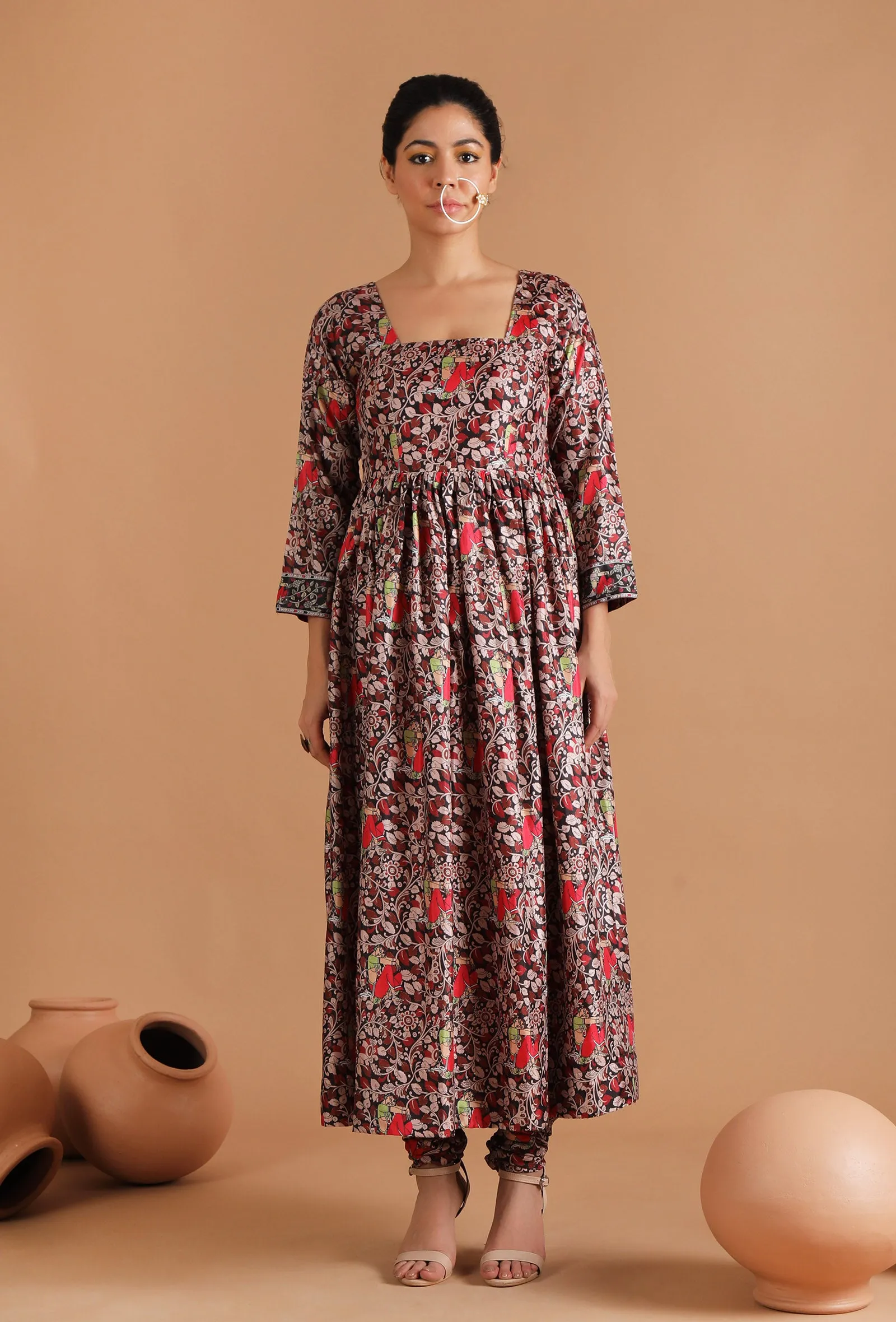 Set Of 3: Binita Allover Kalamkari Kurta With Chooridar & Sheer Organza Dupatta