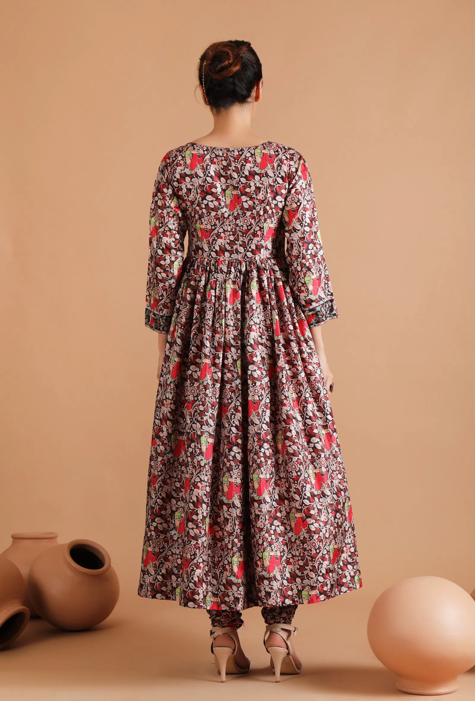 Set Of 3: Binita Allover Kalamkari Kurta With Chooridar & Sheer Organza Dupatta