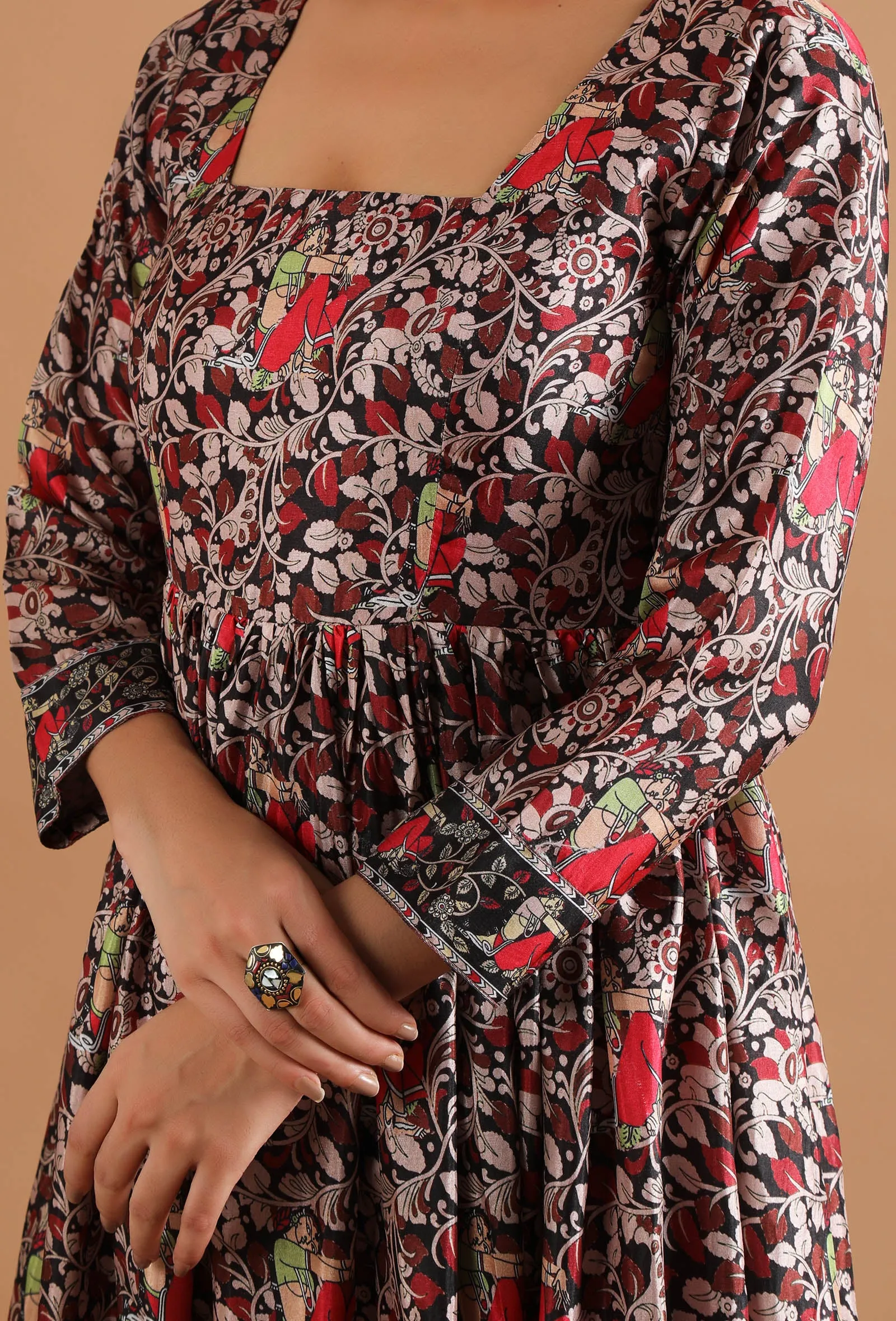 Set Of 3: Binita Allover Kalamkari Kurta With Chooridar & Sheer Organza Dupatta
