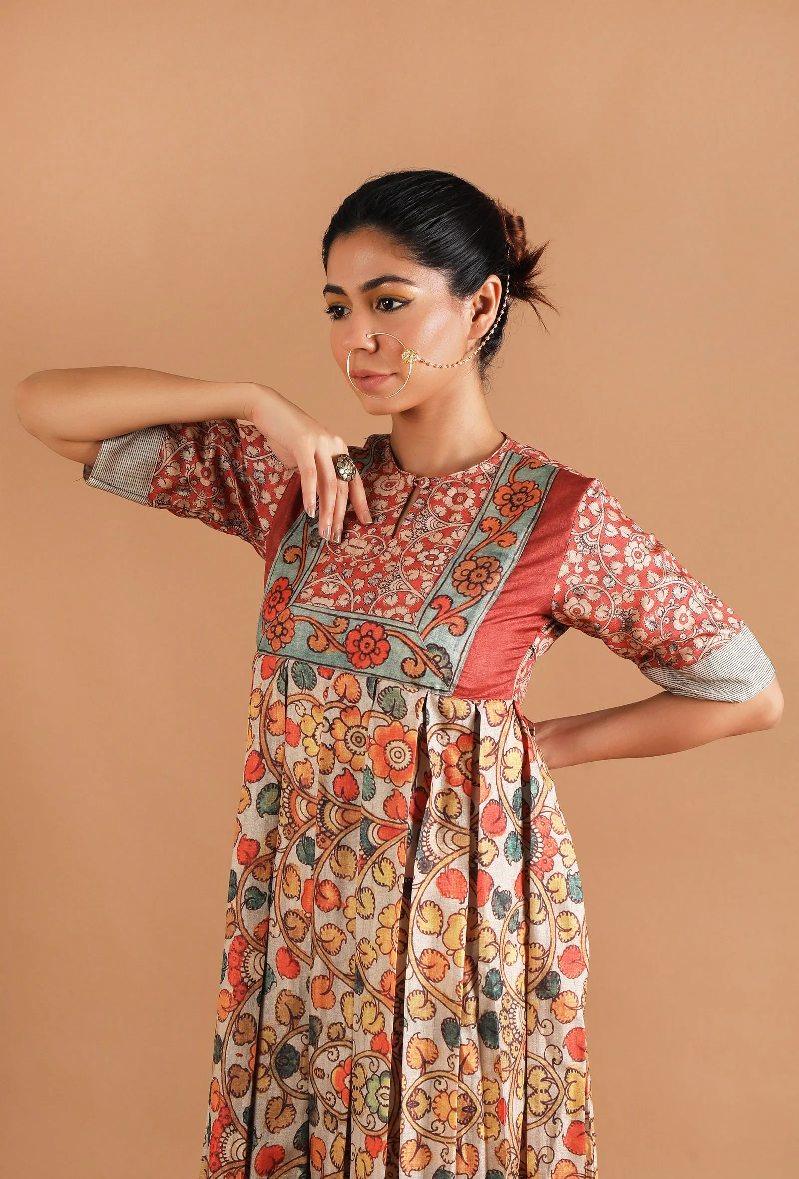 Set Of 3: Damini Box Pleated Kalamkari Kurta Set With Sheer Organza Dupatta