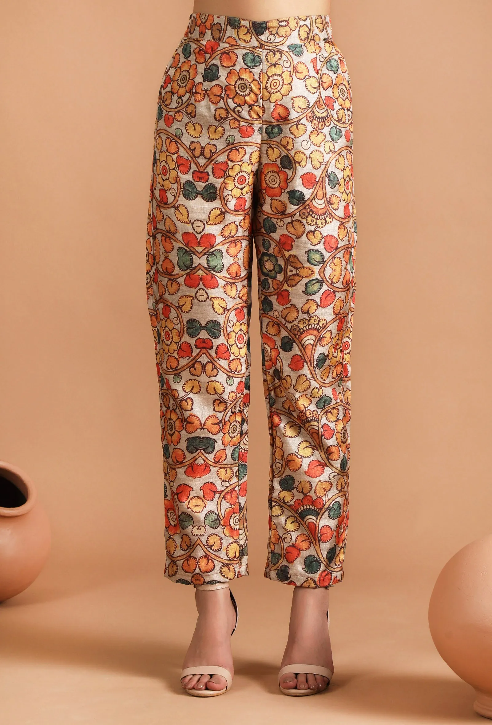 Set Of 3: Damini Box Pleated Kalamkari Kurta Set With Sheer Organza Dupatta