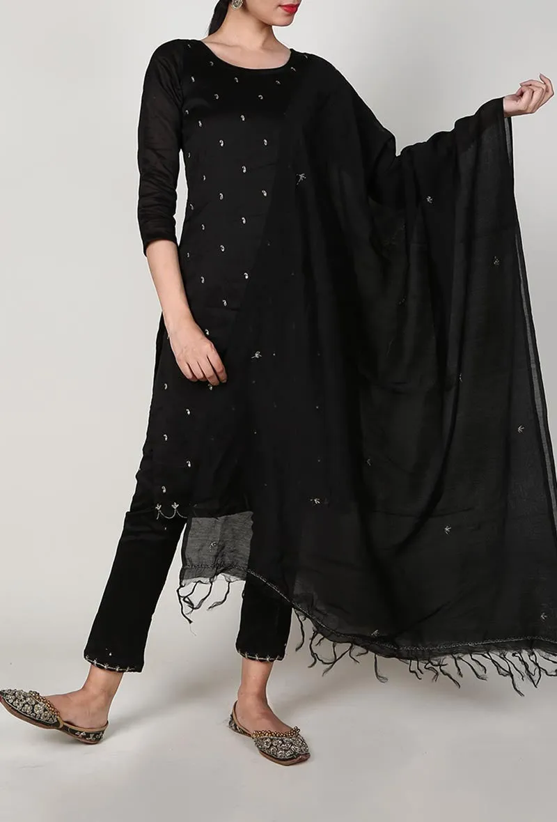 Set of 3 - Midnight Black Chanderi Kurta And Straight Pant Set  With Dupatta