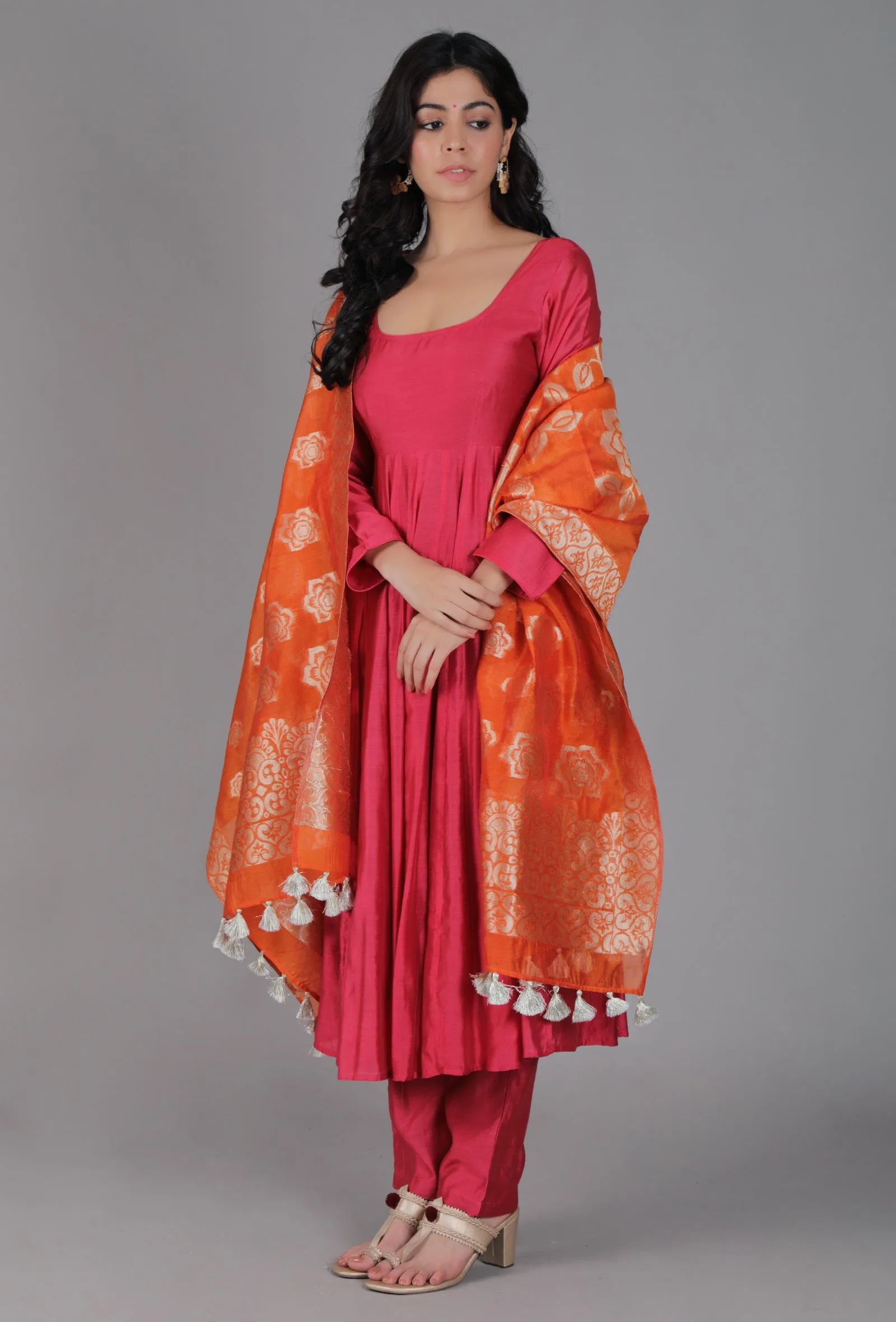 Tangerine Orange Chanderi Brocade Dupatta