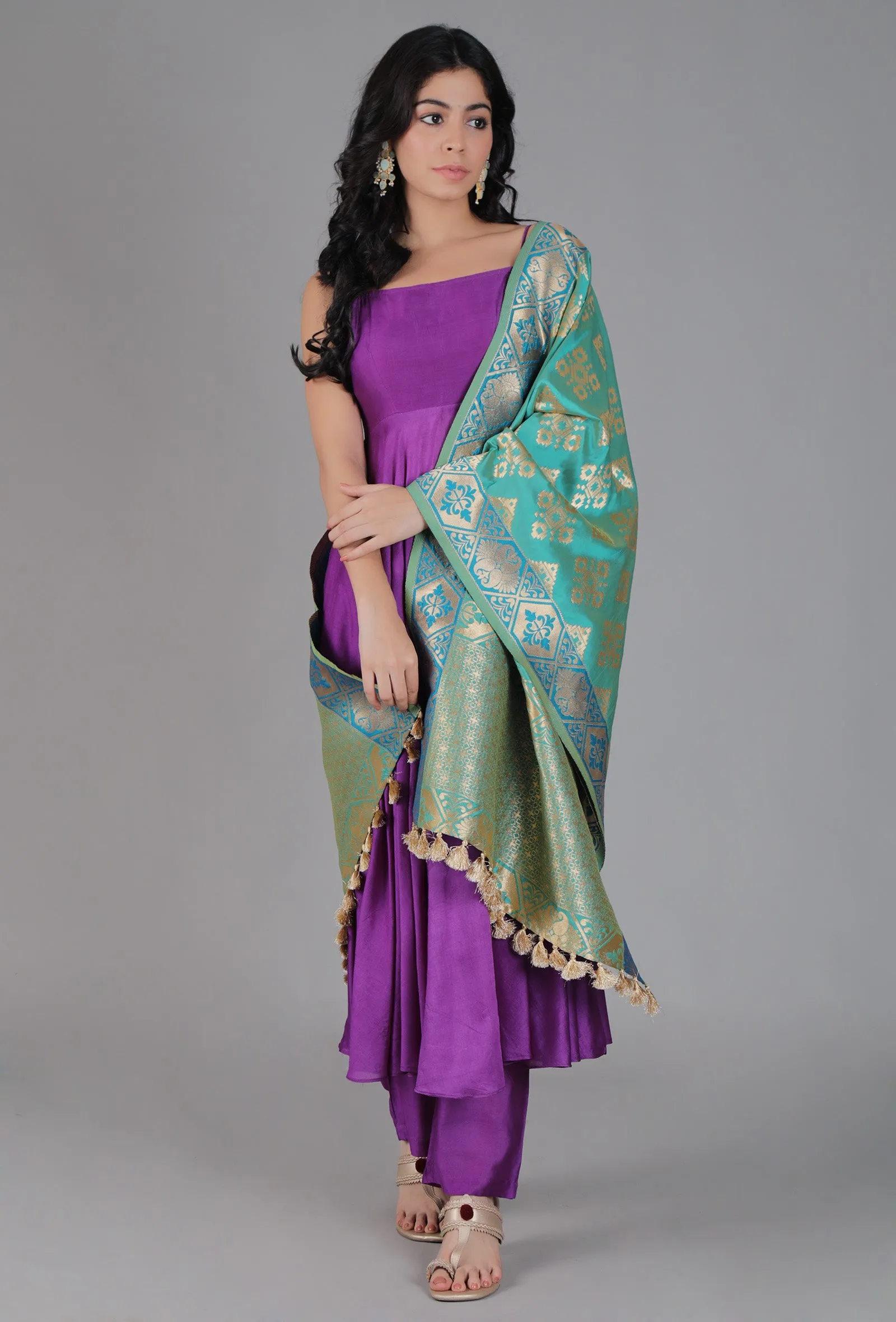 Turquoise Chanderi Brocade Dupatta