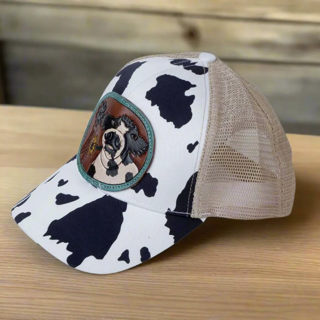 White Moos Cow and Sunflower Leather and Cow Print Hat