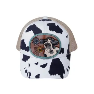 White Moos Cow and Sunflower Leather and Cow Print Hat