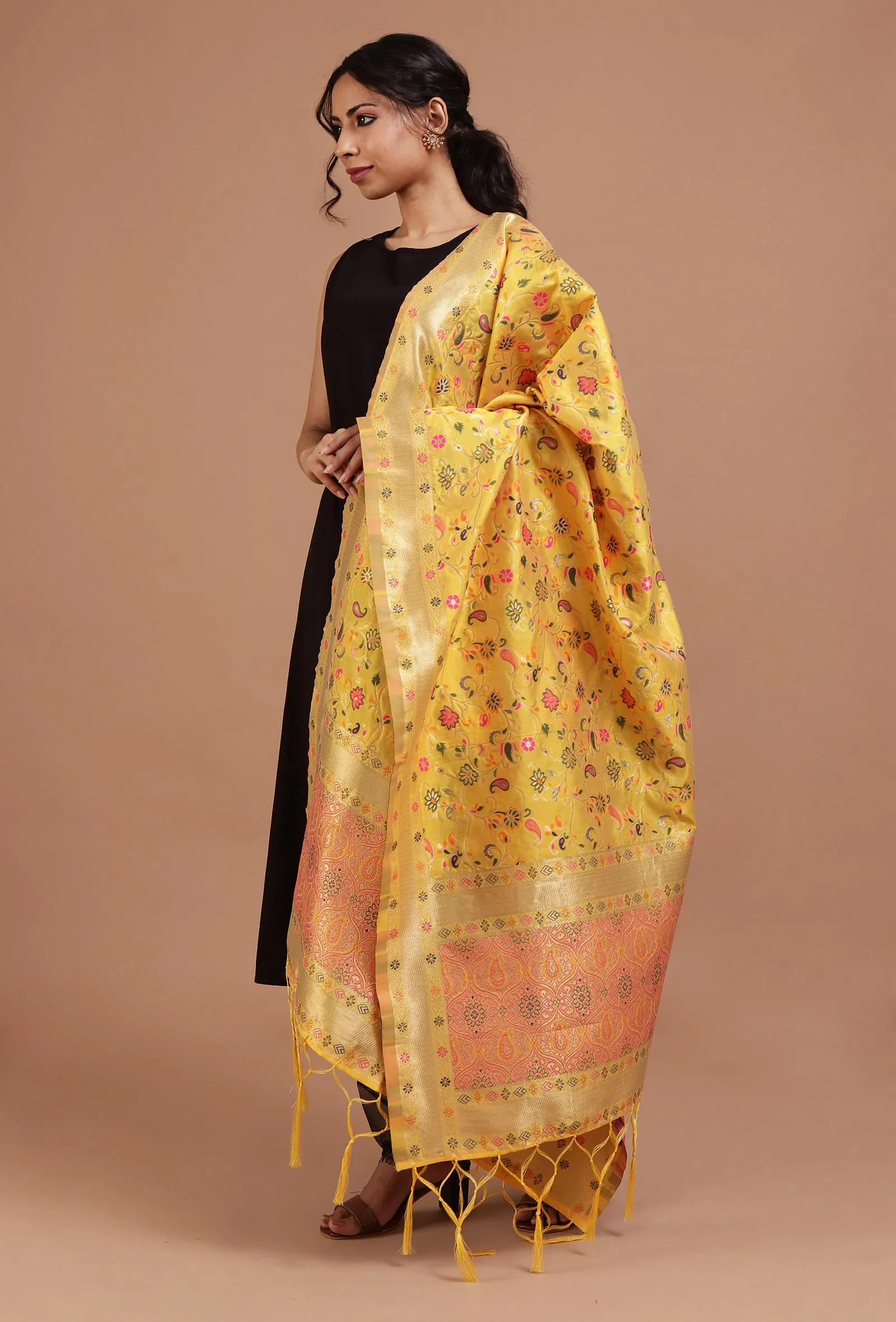 Yellow Color Semi Silk Dupatta With Zari Weaving