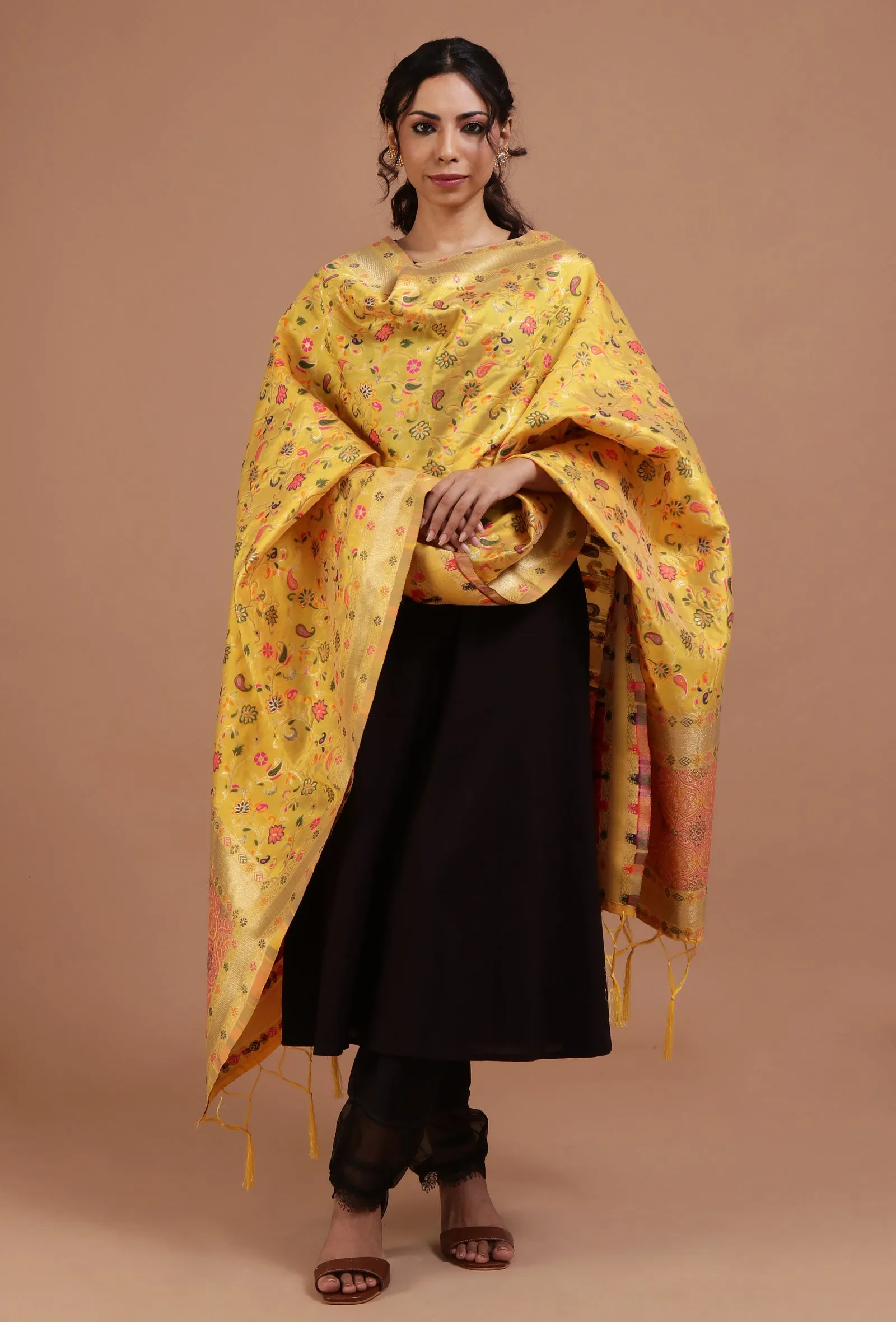 Yellow Color Semi Silk Dupatta With Zari Weaving