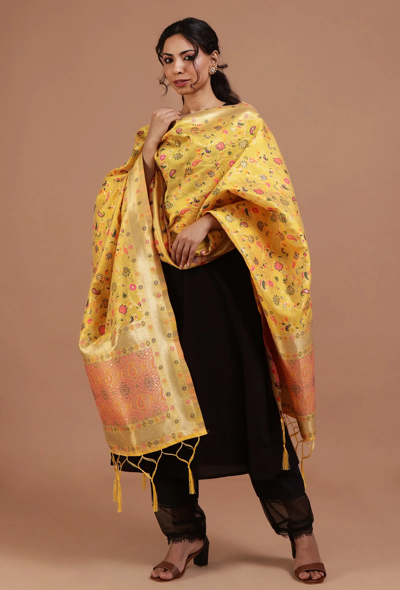 Yellow Color Semi Silk Dupatta With Zari Weaving