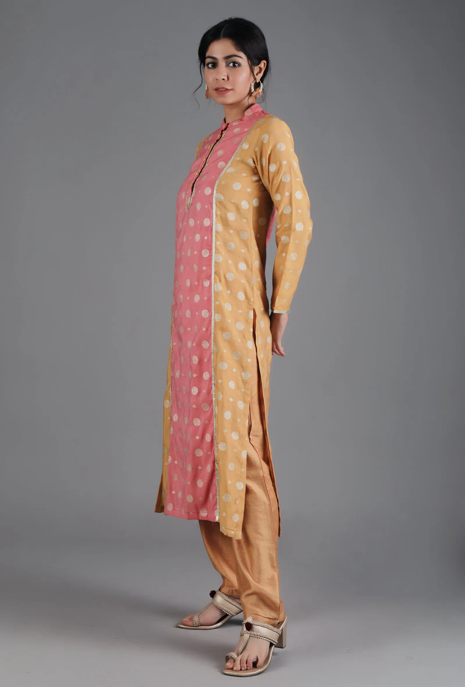 Yellow Ochre & French Pink Panelled Straight Kurta