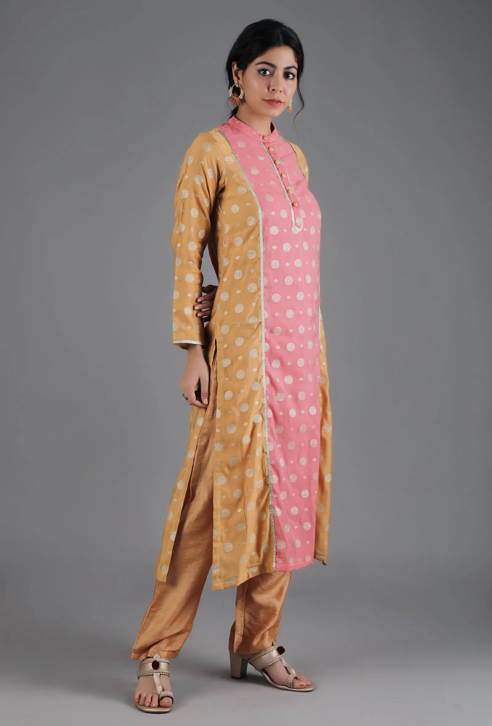 Yellow Ochre & French Pink Panelled Straight Kurta